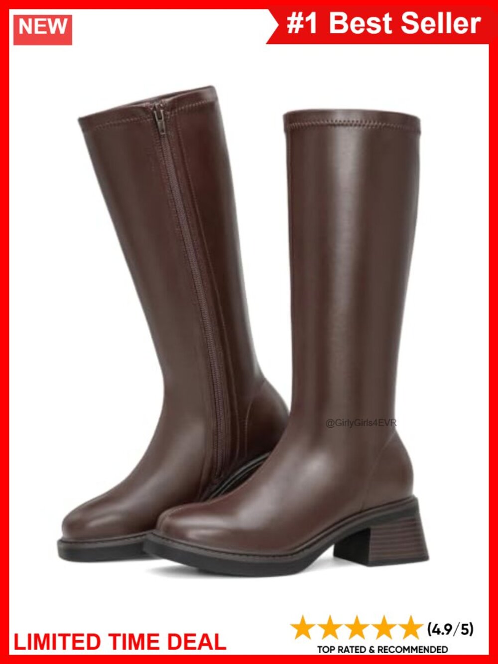 Women's Block Low Heel Knee High Boots Square Toe Riding Boots Faux Leather
